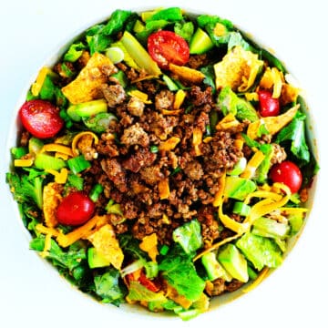 An overhead view of a bowl of taco salad