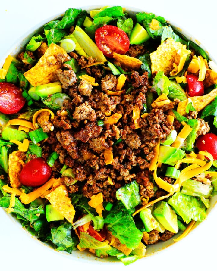 An overhead view of a bowl of taco salad