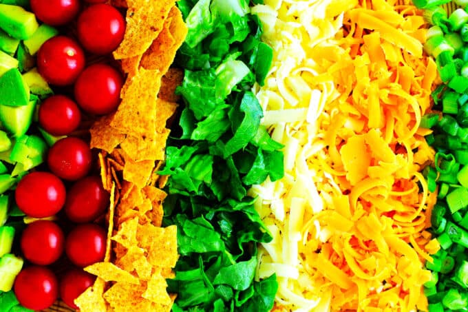 Avocado, tomatoes, chips, lettuce, shredded cheese, and green onions laid out in stripes