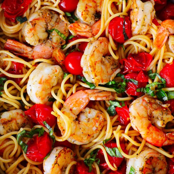 A close up of Shrimp spaghetti ready to serve