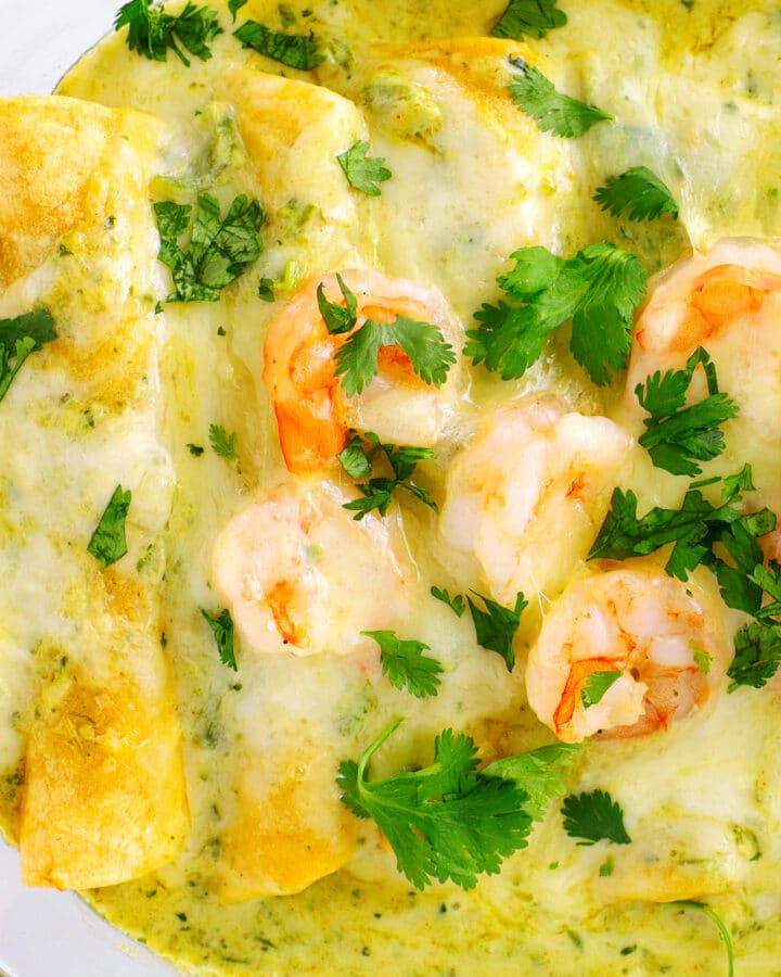 shrimp enchiladas fresh out of the oven, the cheese is melty and all of the ingredients have melded together perfectly