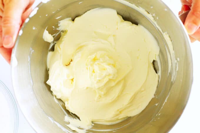 cream cheese that has been mixed in a stand mixer