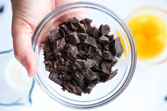 a hand holding a bowl of chopped chocolate