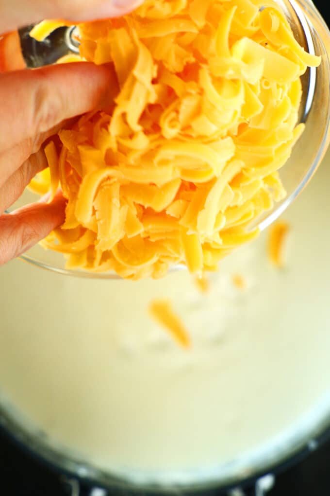 shredded cheese being added to the cream mixture