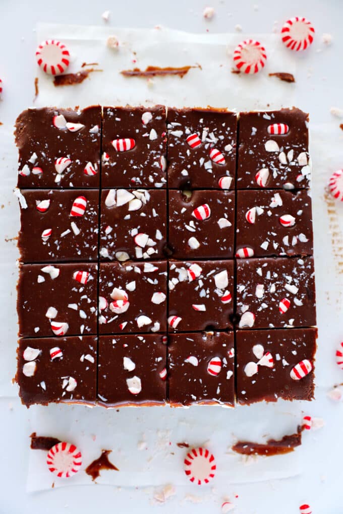 An overhead look at Peppermint Brownies cut into squares but not yet separated, peppermint candies are scattered around them.