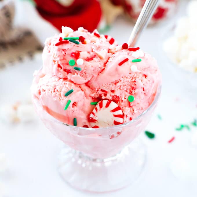 A close up of a class ice cream dish full of vibrant, pink Peppermint Ice Cream, topped with peppermint candies and green and red sprinkles.