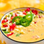 A close up of a bowl of Chile con Queso with a garnish of fresh tomatoes, jalapeños, and cilantro and tortilla chips sitting all around it.