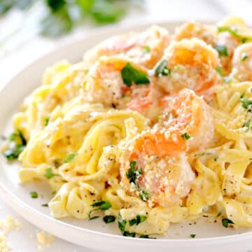 A plate of Shrimp Alfredo with parsley on top.