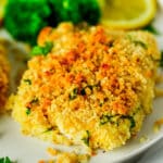 A close up of a Baked Fish fillet. It is golden brown and very crunchy looking.