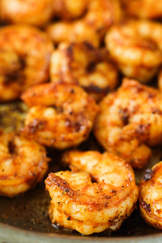 A close up of the pan-seared shrimp.