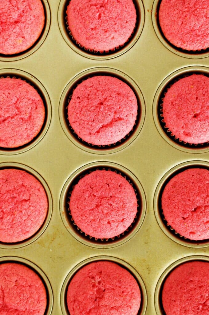 An overhead look at the Strawberry Cupcakes fresh out of the oven, still in the tin.