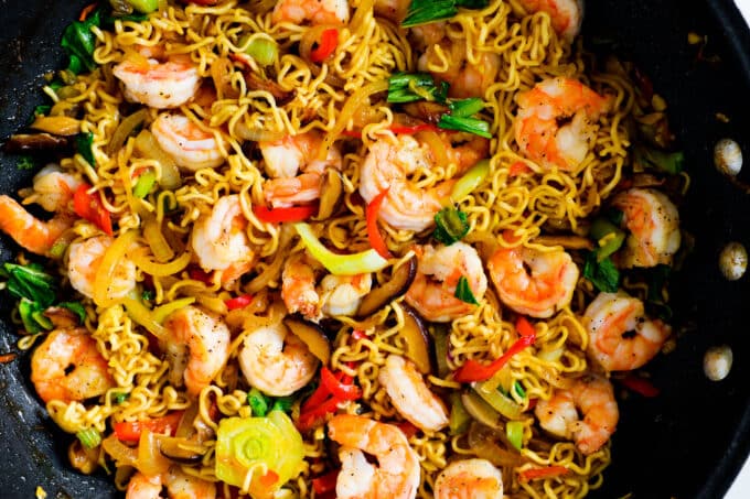 The Shrimp Chow Mein completely assembled in the pan. Noodles, vegetables, and shrimp are all visible.