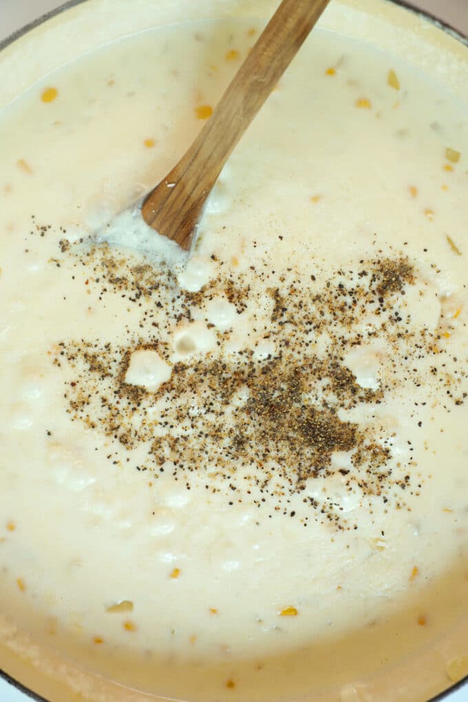 An overhead look at the creamy soup mixture with the seasoning sprinkled over the top.
