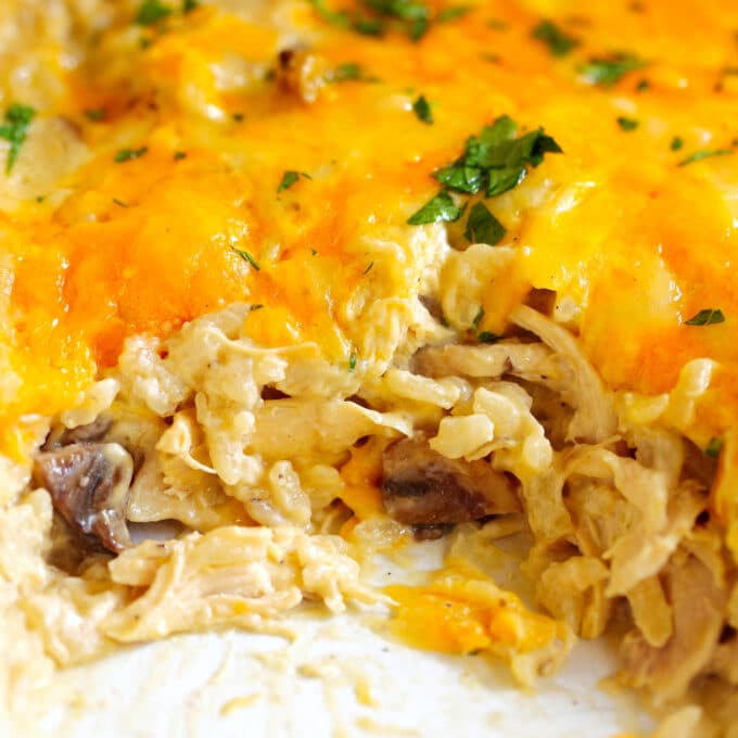 A close up of the spot where a scoop of Chicken and Rice Casserole has been scooped out of the pan. Melty, yellow cheese, shredded chicken, cooked rice and mushrooms are all visible.