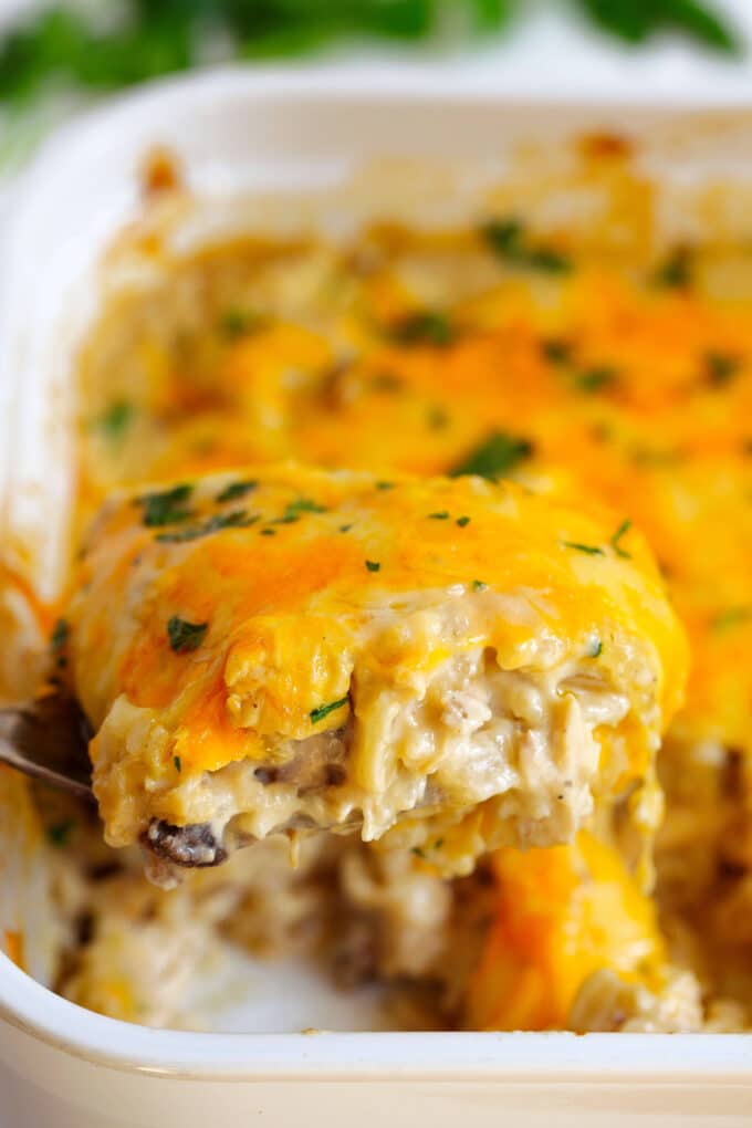 A serving spoon scooping a serving of chicken and rice casserole.