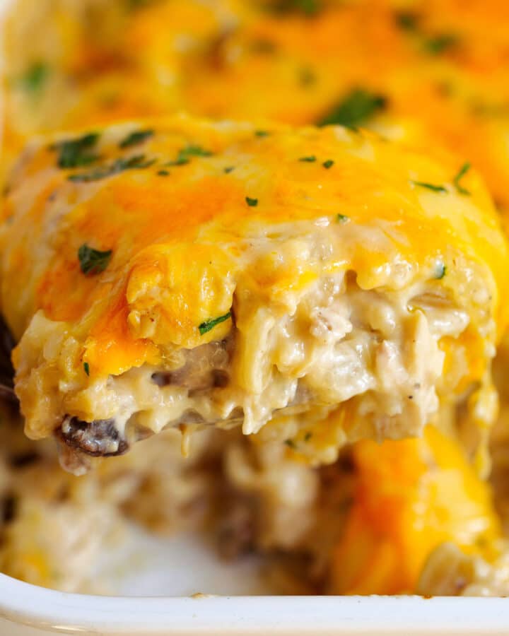 A scoop of Chicken and Rice Casserole being lifted out of the pan. Melty, yellow cheese, shredded chicken, cooked rice and mushrooms are all visible.
