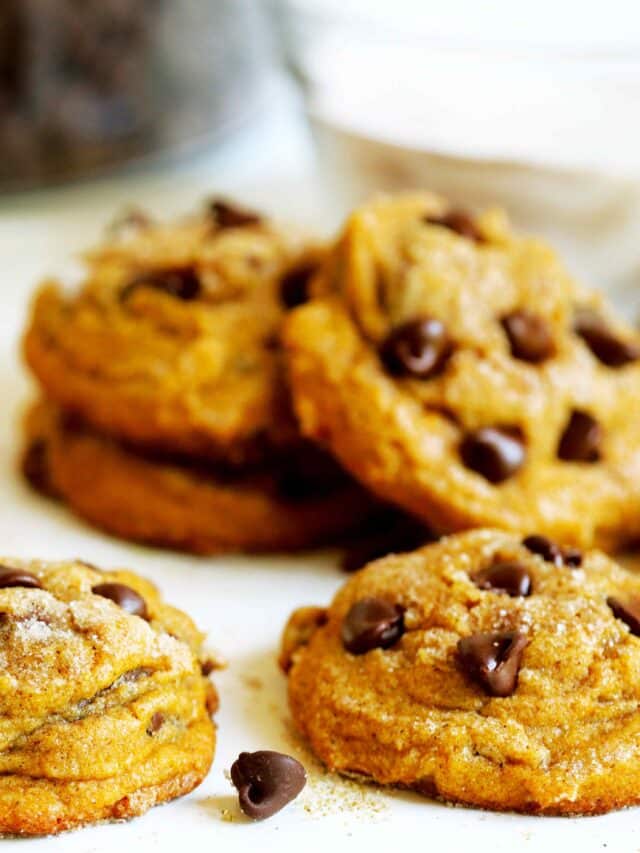 A batch of Pumpkin Chocolate Chip Cookies strewn across a counter top with a can of pumpkin purée in the background.