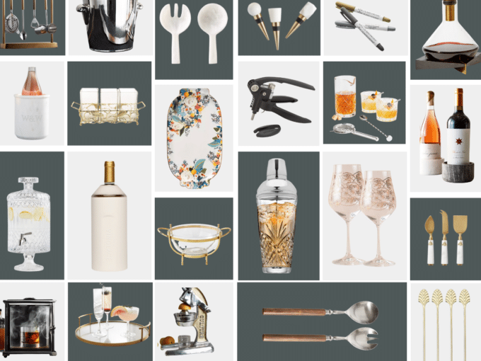 The master image of all the entertaining tools used for hostess, wine, and mixologist gift guides. Features products inside colored squares.