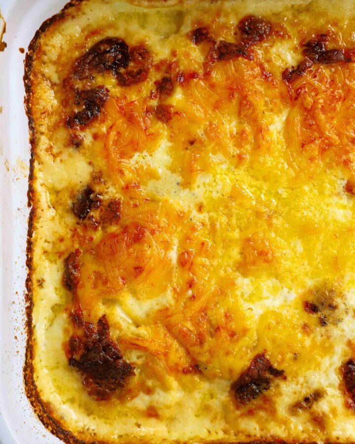 Prepared Potatoes Dauphinoise in a baking dish