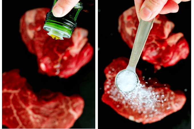 Oil and seasoning steps for a Cast Iron Filet Mignon steak