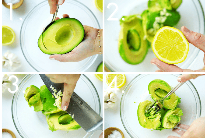 Overhead shot of four steps to combine Avocado Spread ingredients
