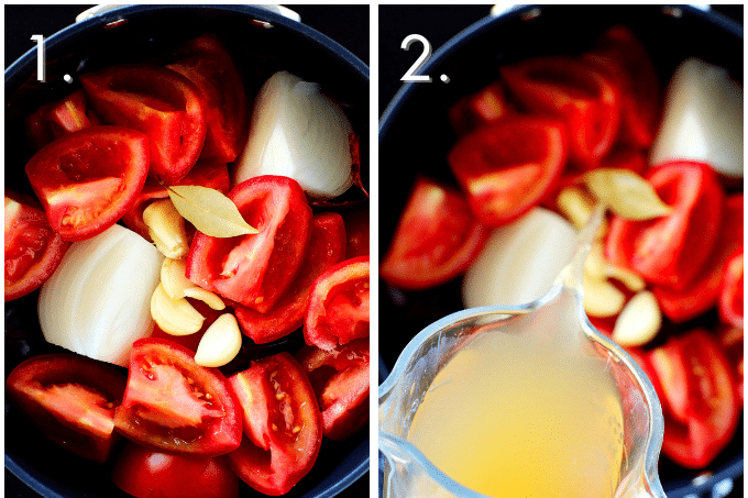 Guajillo sauce prep on the stovetop with tomatoes, garlic, onion, chiles, and chicken broth