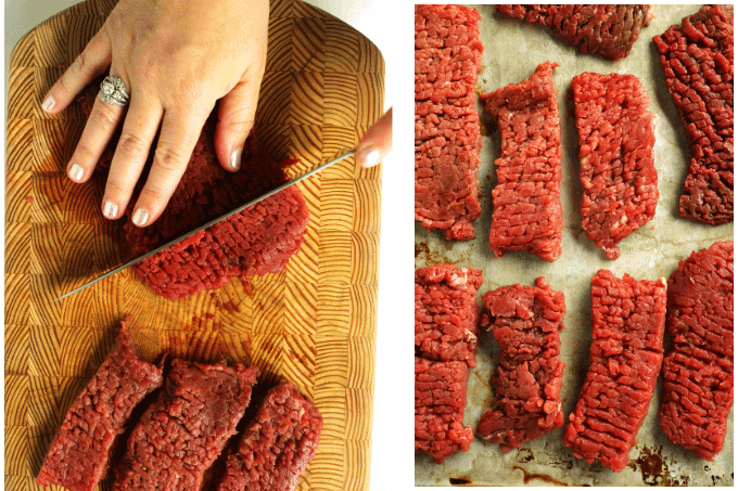Tenderized cube steak being cut into strips before cooking