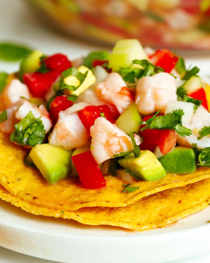 Ceviche de Camaron atop two corn tortillas next to a clear mixing bowl of more Ceviche de Camaron