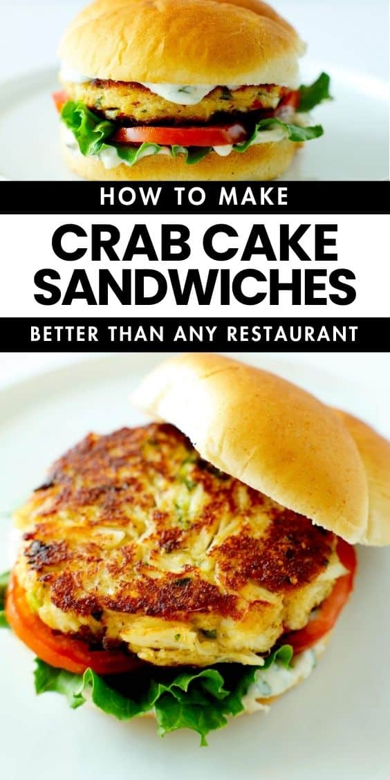 Two crab cake sandwiches on soft brioche buns filled with a golden pan-seared crab cake, crisp green lettuce, thick tomato slices, and creamy sauce.