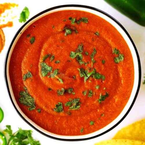 Overhead shot of Ranchero Sauce topped with fresh cilantro