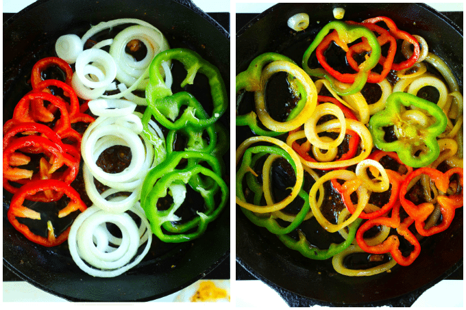 Two steps to sauté peppers and onions in a cast iron skillet for chicken fajitas.