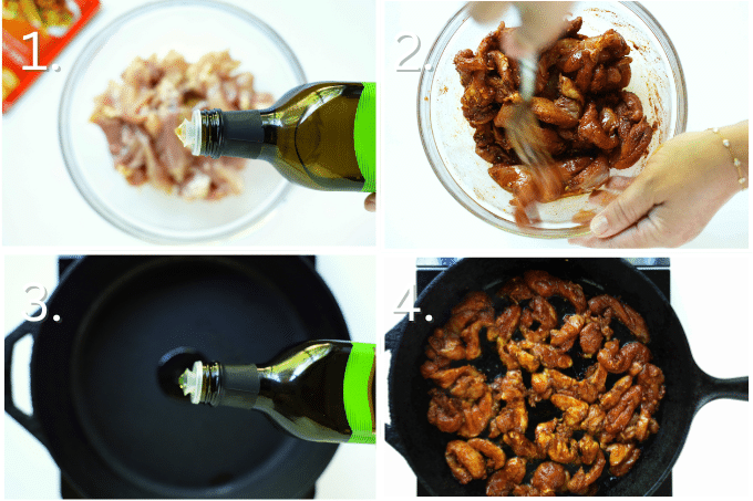 Four steps to cook chicken thighs for Chicken Fajita Tacos.