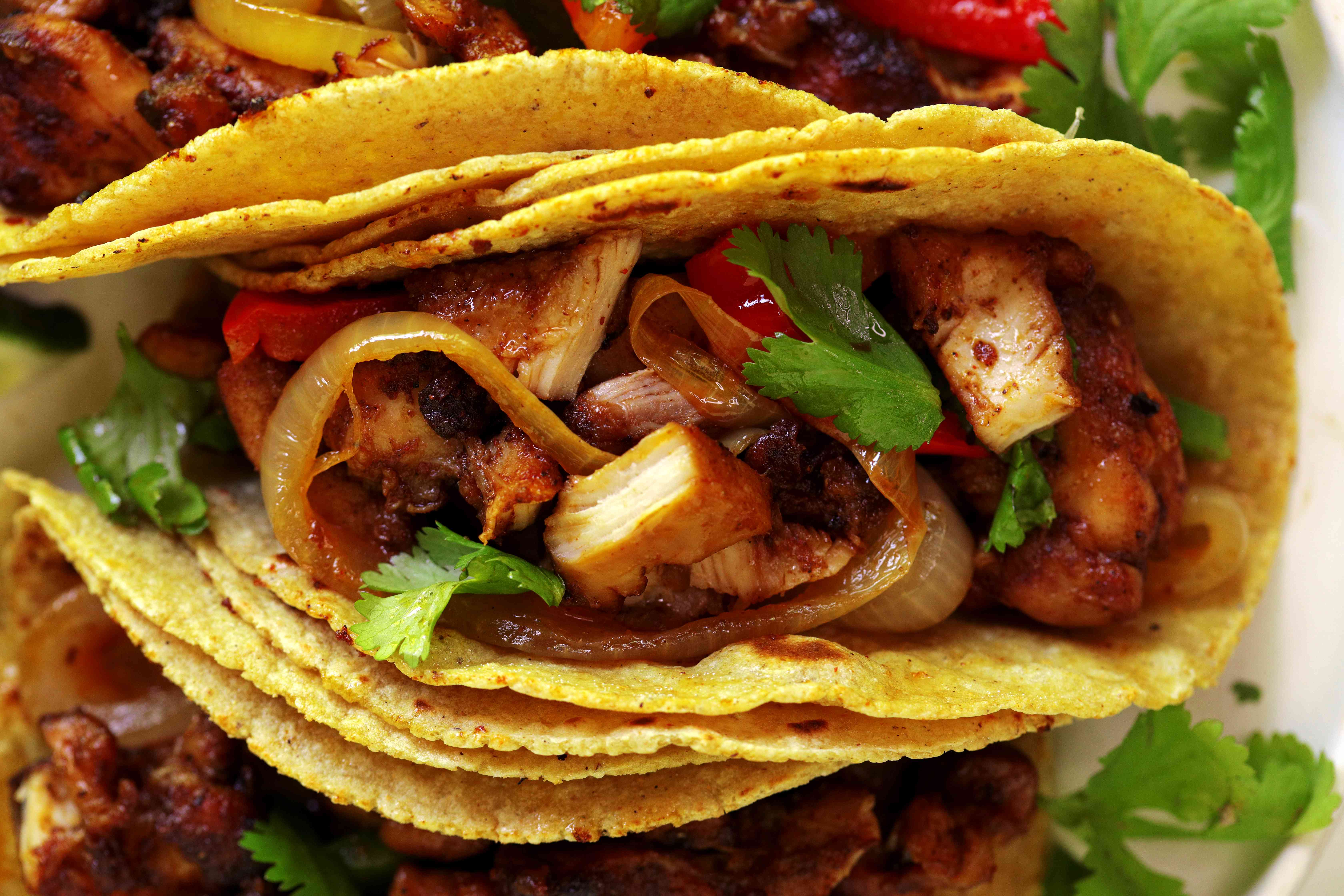 Chicken Fajitas with peppers and onions in corn tortillas on a plate with fresh cilantro.