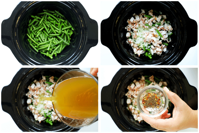 Steps to add ingredients to crockpot for Slow Cooker Green Beans.