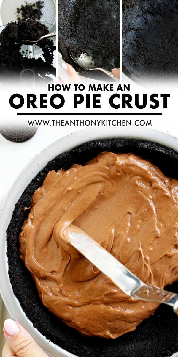 a collage of oreo crust being spooned into a pie dish on top. on bottom there is an image of chocolate pudding being smoothed into an oreo crust pie shell.
