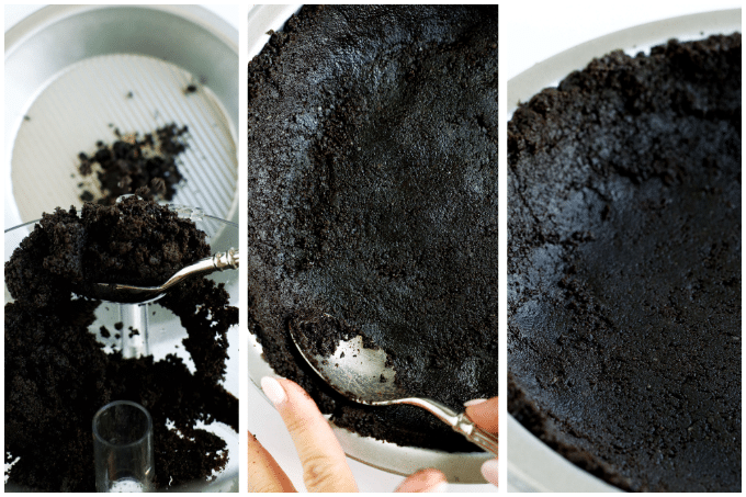 Steps to add Oreo crumble to pie dish for Oreo Pie Crust recipe