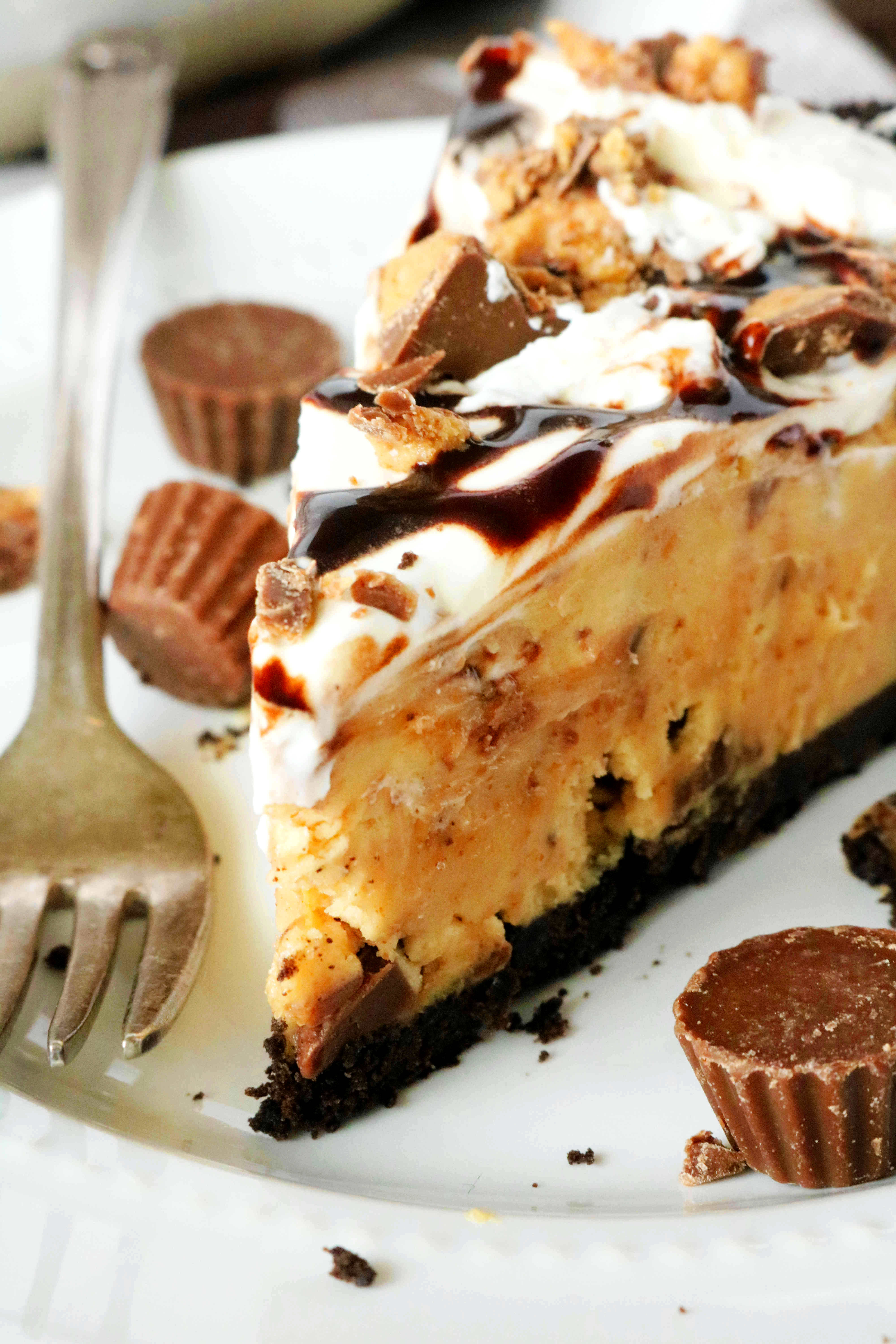 Closeup of peanut butter pie with Oeo pie crust