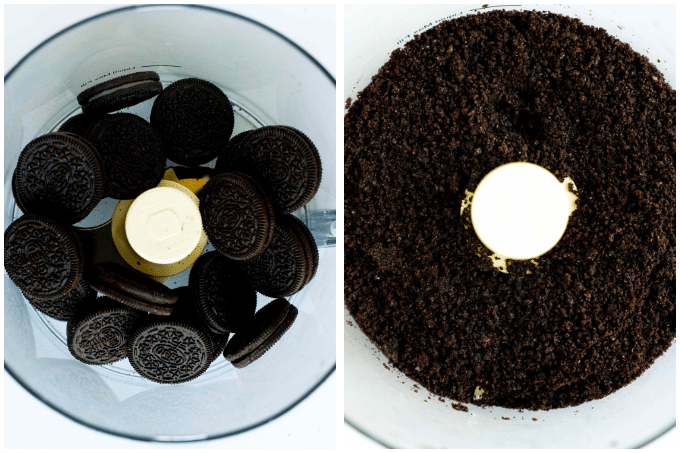 Steps to use the food processor to crush Oreos for Oreo Pie Crust