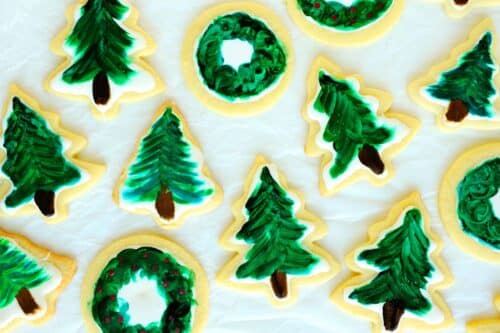 Overhead shot of Painted Sugar Cookies - trees and wreaths.