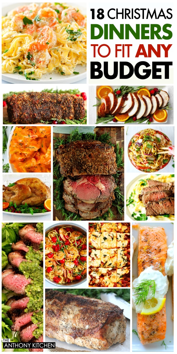 A collage image of multiple dinner ideas for Christmas dinner.