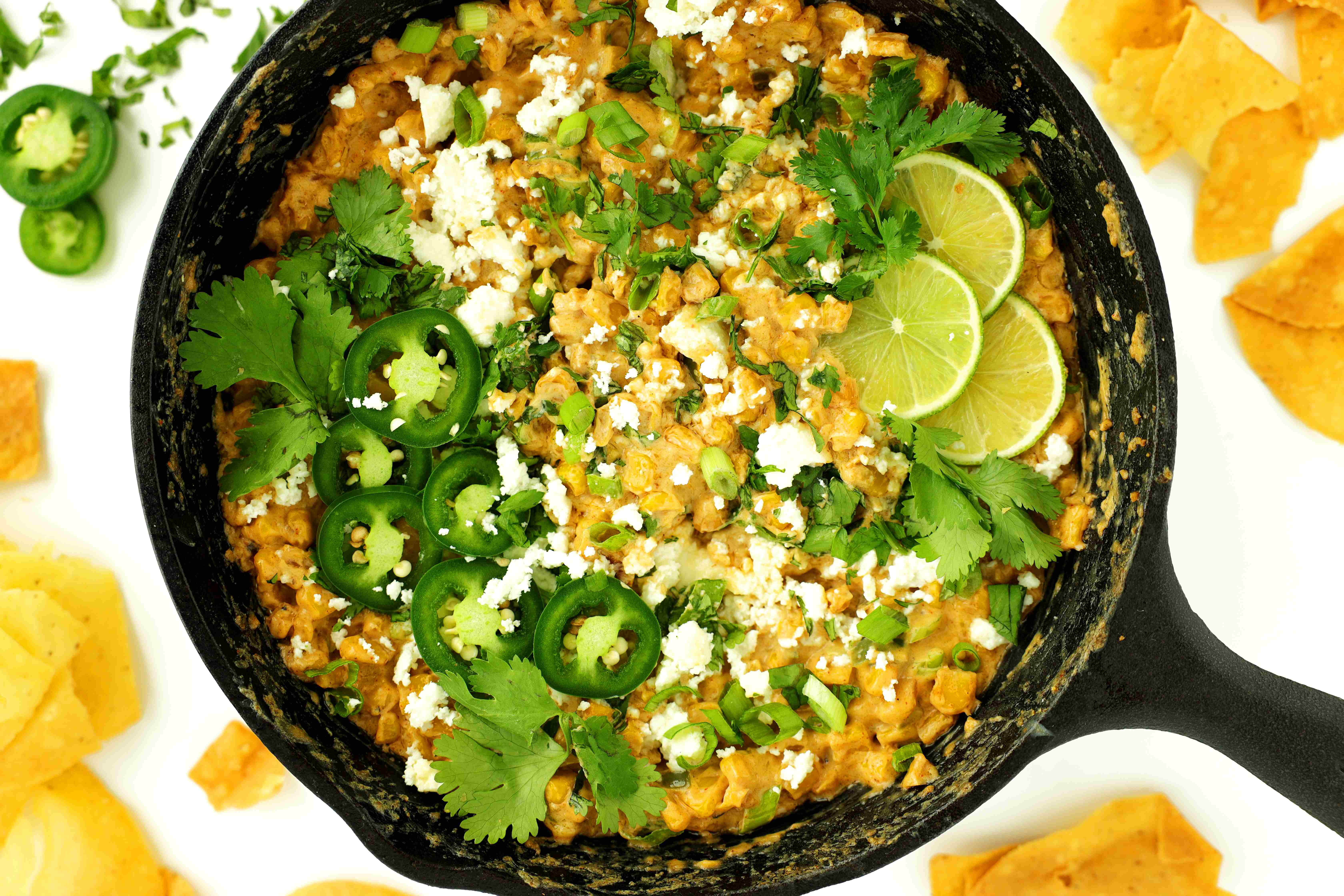 Overhead shot of Elote Dip in a cast-iron skillet