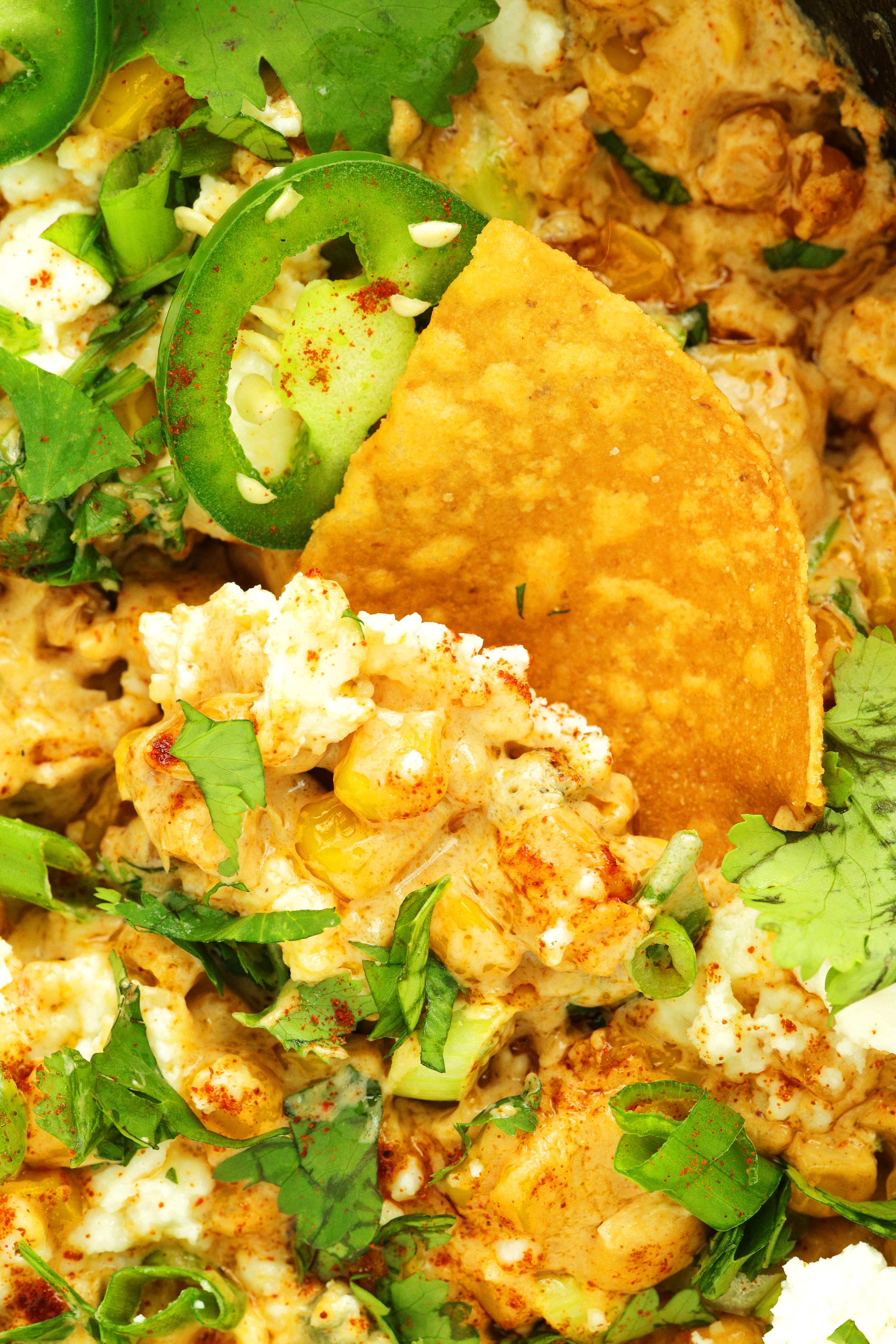 Elote Dip with a chip