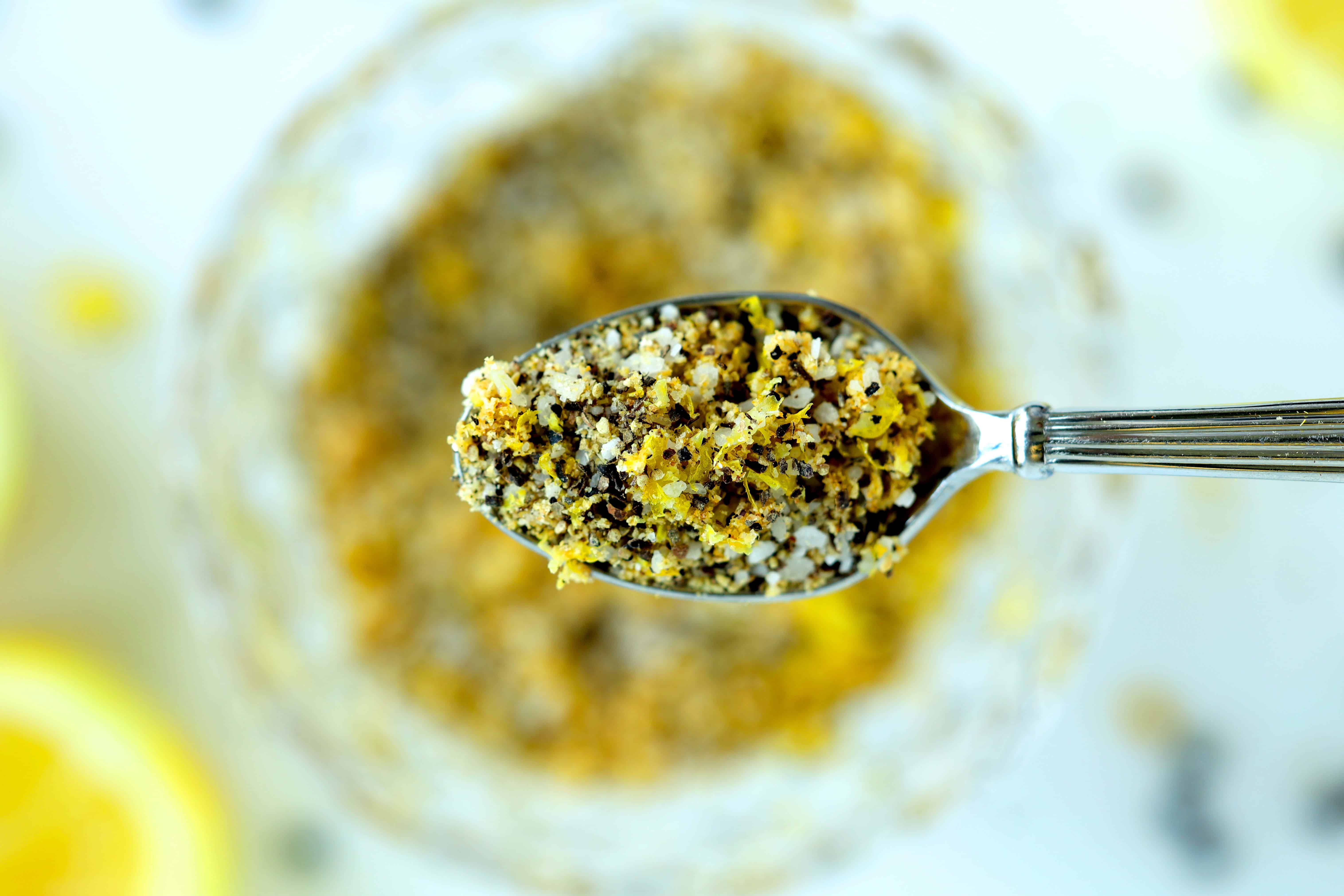 Close up of Lemon Pepper Seasoning on a spoon