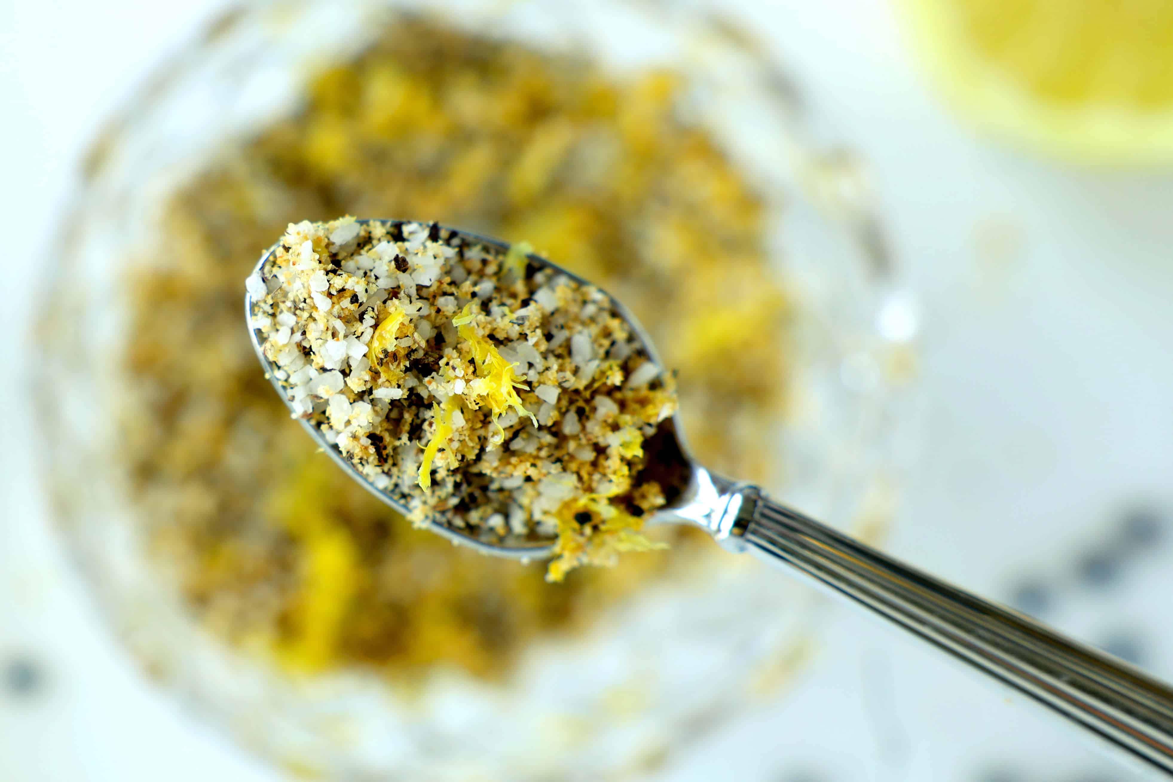 Close up of Lemon Pepper Seasoning on a spoon