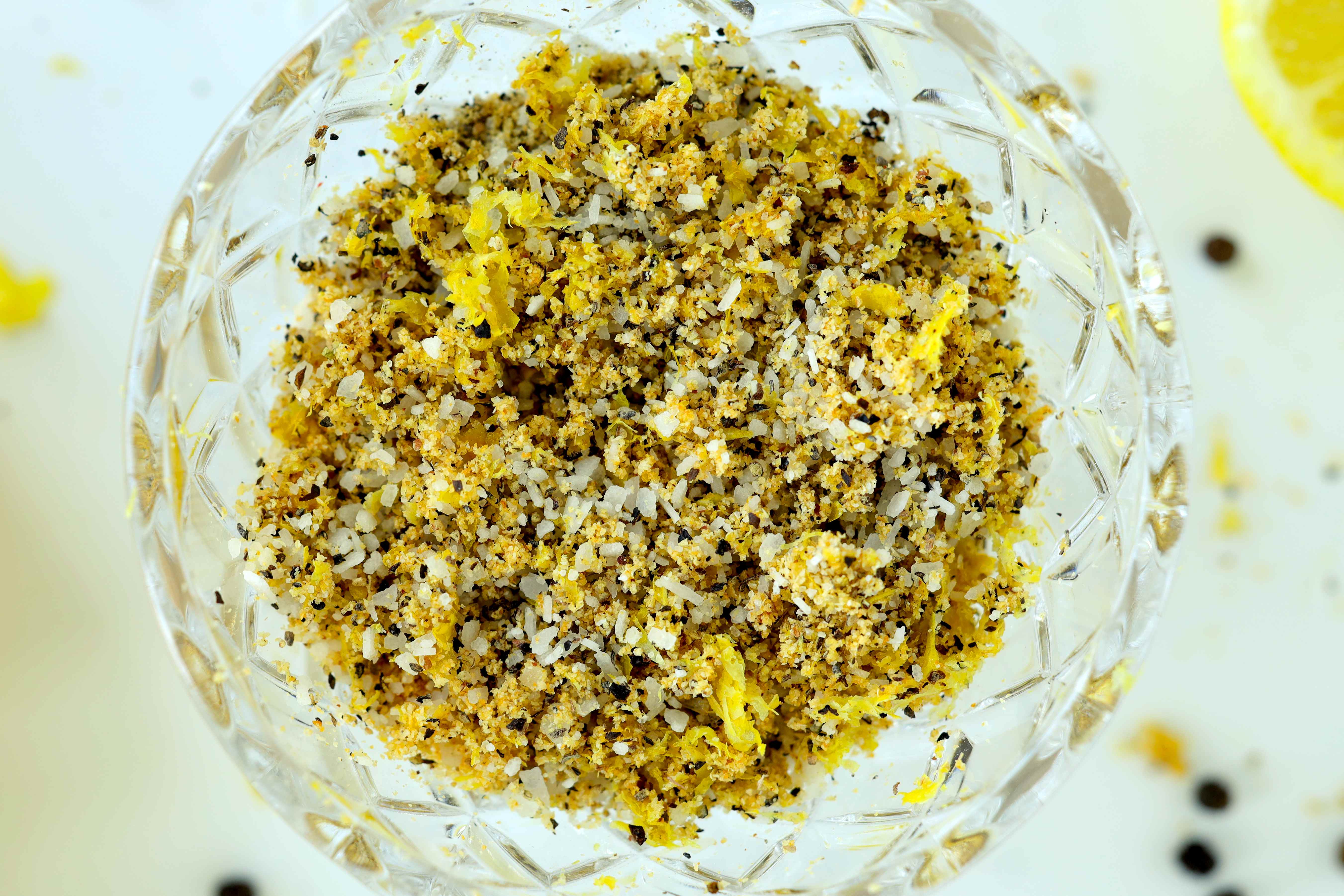 Overhead shot of Lemon Pepper Seasoning in a glass bowl