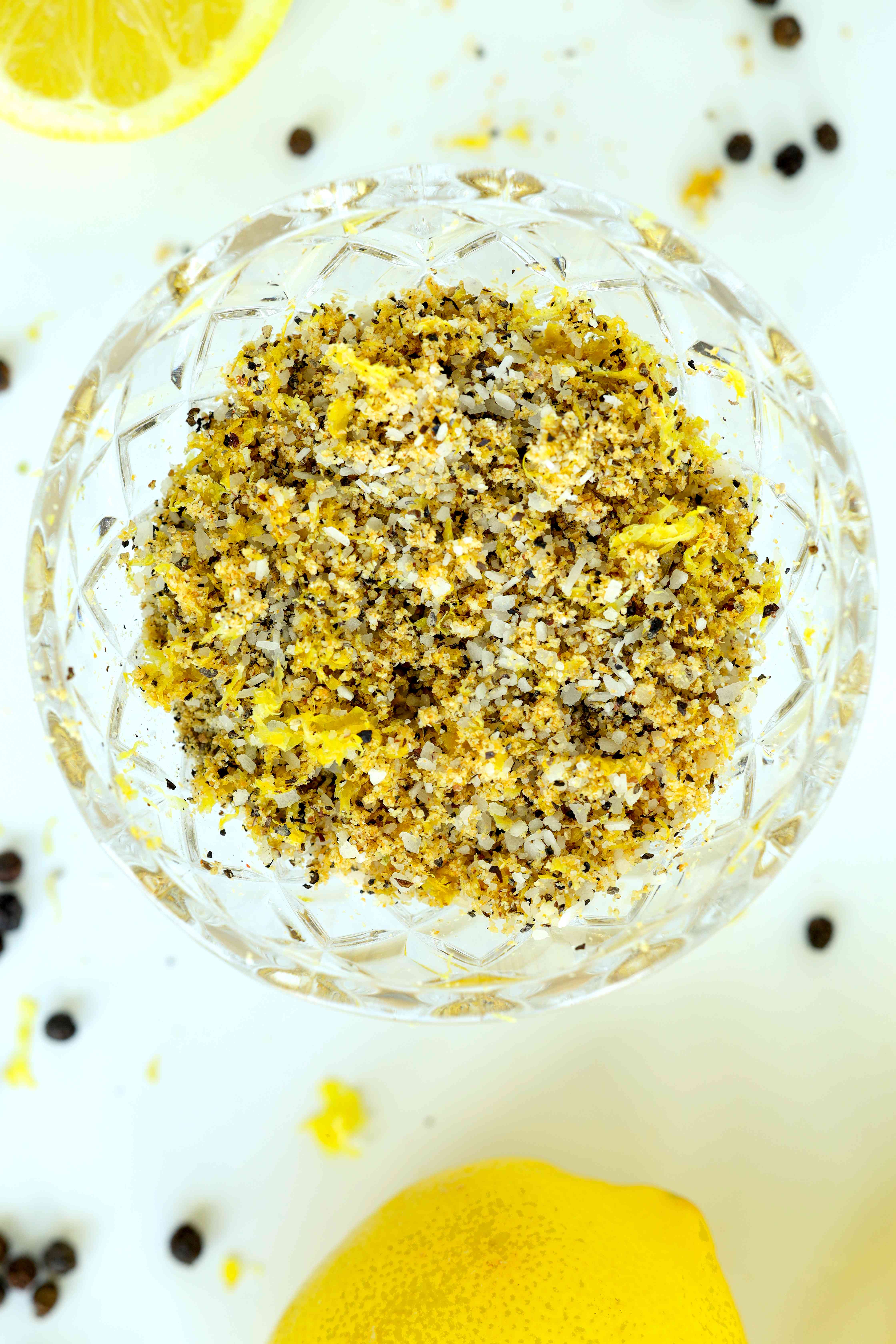 Overhead shot of Lemon Pepper Seasoning in a glass bowl