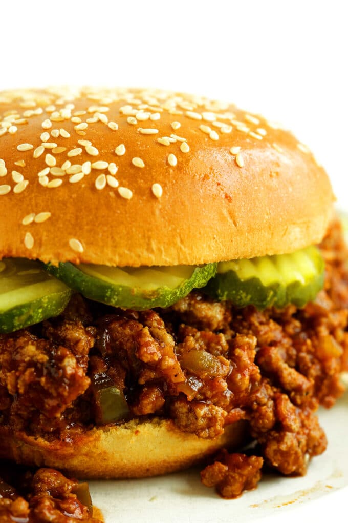 Turkey Sloppy Joe with sliced pickles