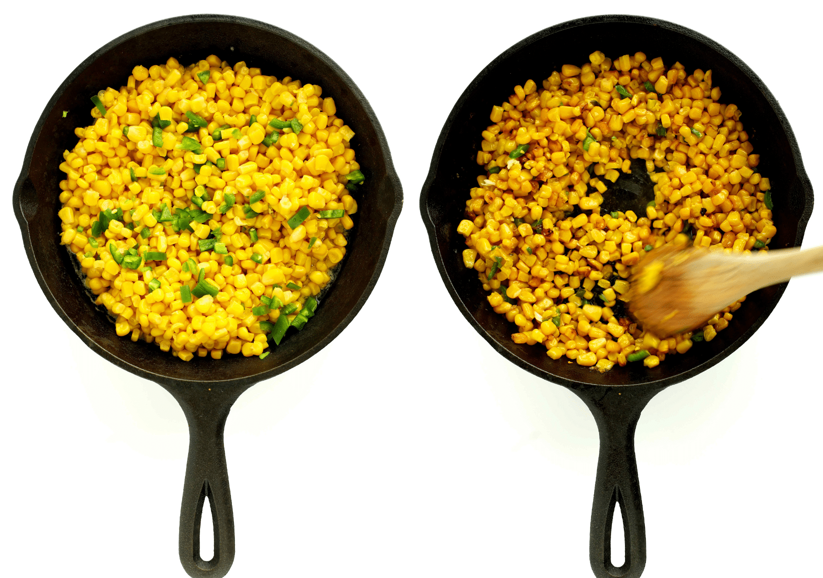 Sauteing corn and jalapeno in a cast-iron skillet for Elote Dip