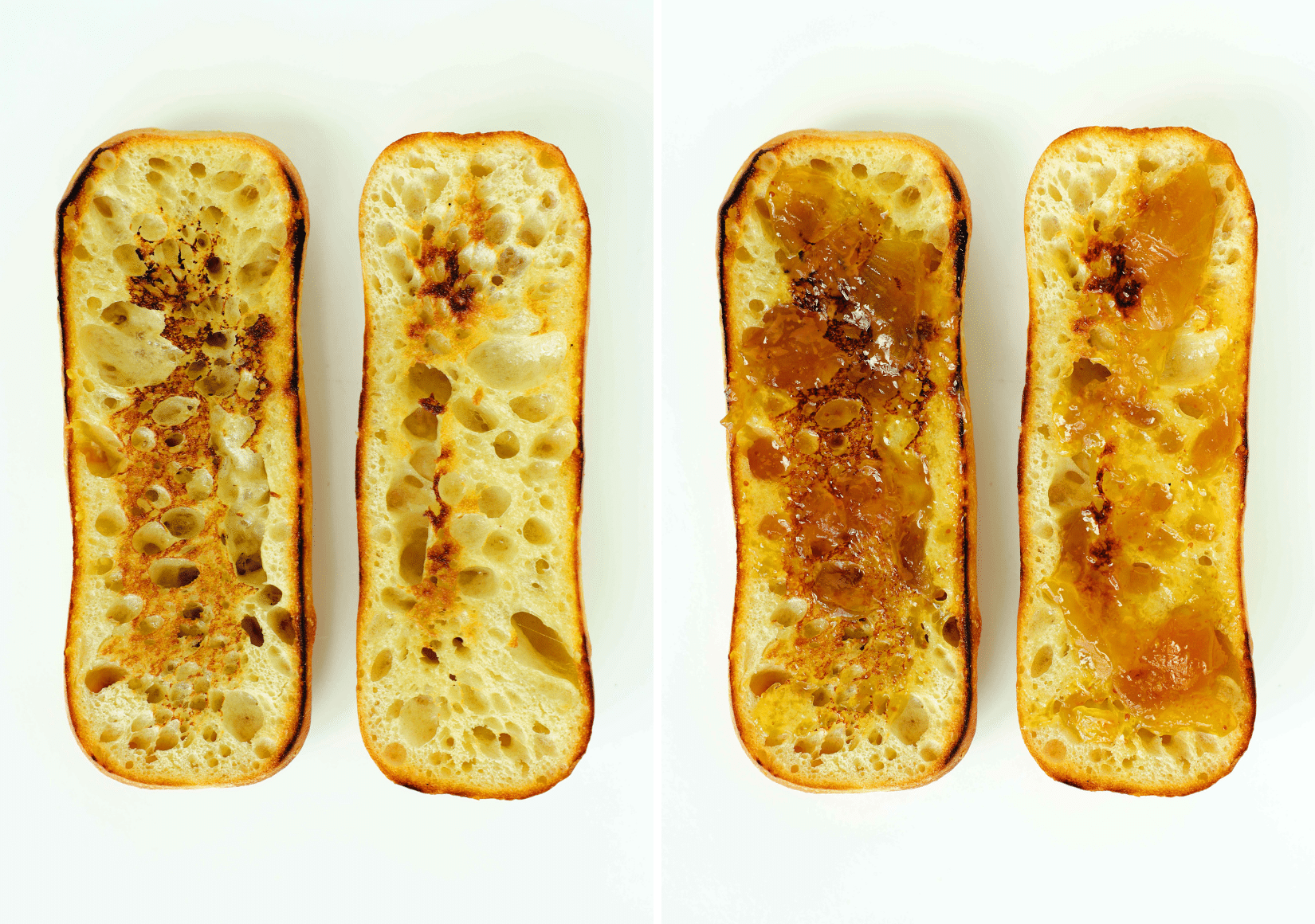 Steps to toast an open-faced baguette with added fig preserves for prosciutto sandwich