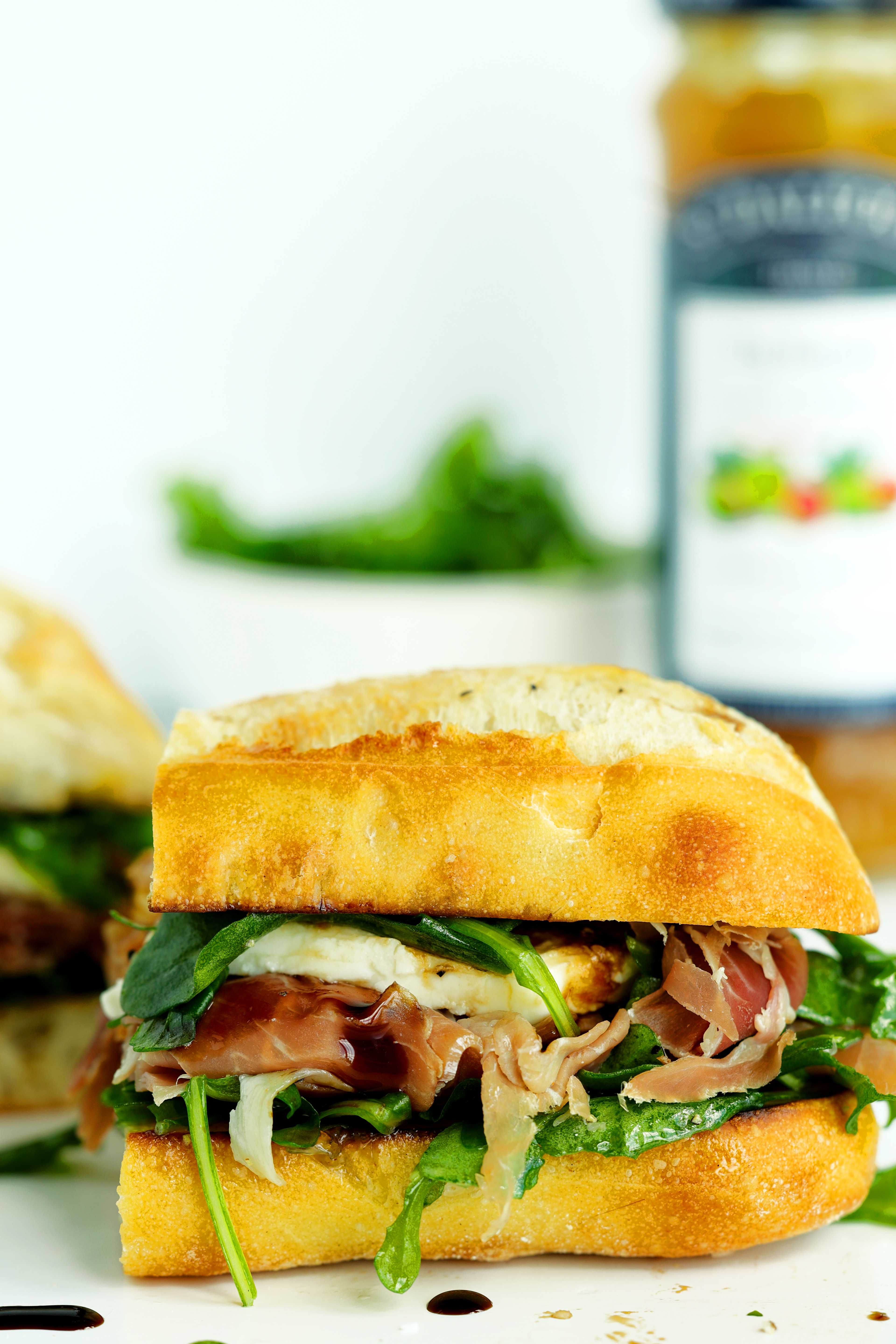 Close-up of a Prosciutto Sandwich cut in half